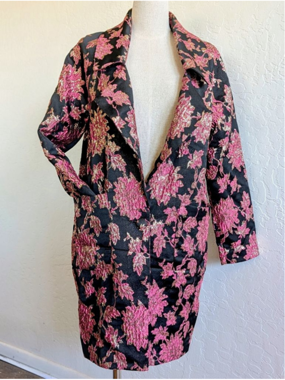 For Love & Lemons Pink Gold Floral Brocade Jacquard Longline Blazer Small - Picture 3 of 12